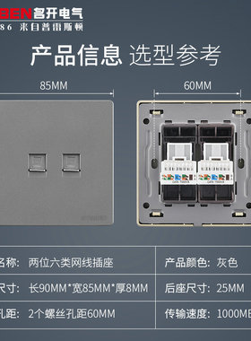 86型暗装双口千兆网络插座灰色CAT6电脑宽带信息两位六类网线插座