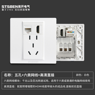 六类网线电脑插座 4K高清线HDMI 千兆网络带电源插座五孔 86型暗装