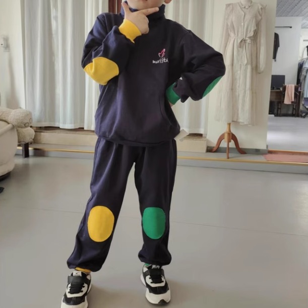 2025春夏新款薄款毛圈卫衣A-深兰配色小童针织套装