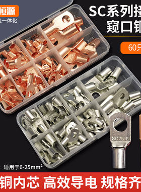 SC60只pcs盒装镀锡窥口铜接线端子SC6-25平方铜接线鼻子组合套装