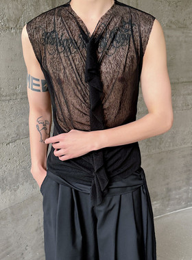 夏网纱套头无袖小背心复古花边透视修身坎肩上衣A452--6484--P65