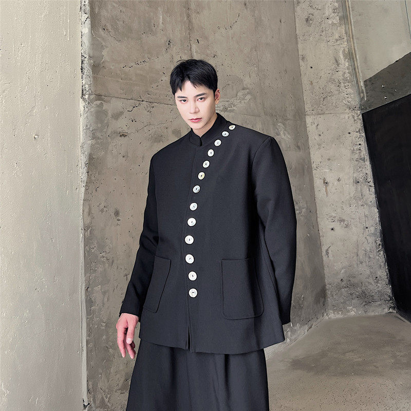新款贝壳纽扣装饰立领小西服韩版休闲中山装外套A452--6268--P145,男装西服,电商A452