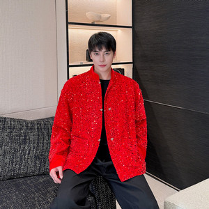 早春新款新中式亮片红色西服男个性潮休闲外套A452--6470--P145图片
