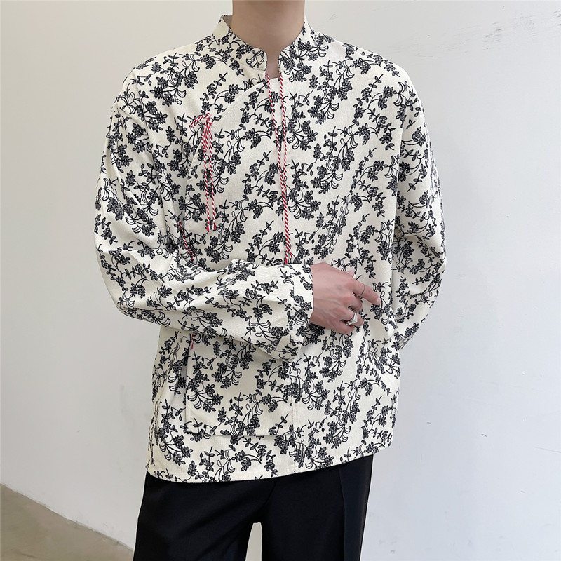 秋装新中式花色立领系带长袖衬衫潮风休闲衬衣A452--6160--P75,男装衬衫,电商A452