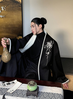 新中式刺绣宽松袍子男女款国潮风中长款毛呢大衣A452--6441--P195