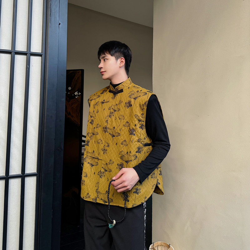 冬新中式夹棉马甲男女款复古潮印花立领盘扣马甲A452-6431-P115,男装背心/马甲,电商A452