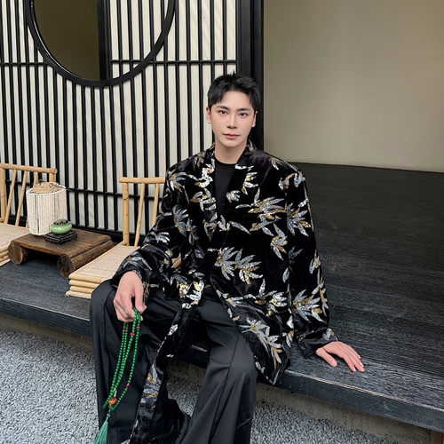 秋冬款重工刺绣亮片竹叶无领系带西服外套潮A452--H165--P155