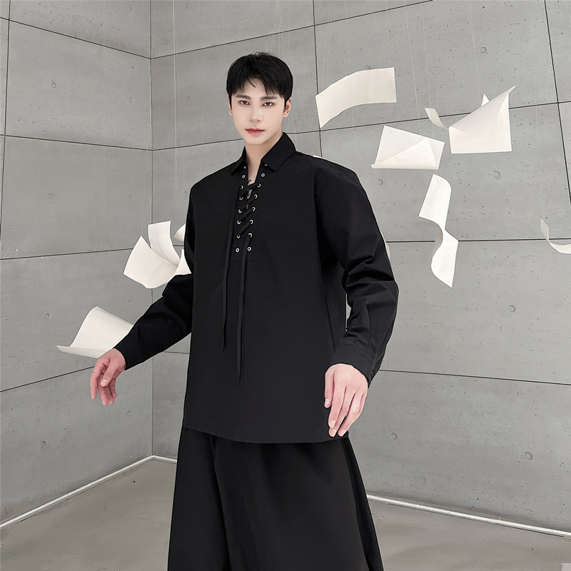 新款个性绑带装饰翻领长袖衬衫男韩版休闲潮流上衣A452--H87--P85，男装衬衫，电商A452