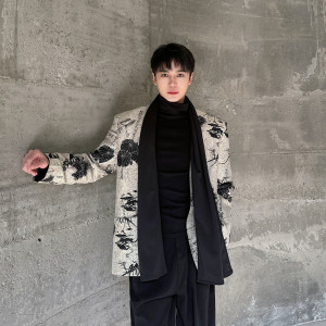 个性小众围巾款西装外套复古风印花西服上衣A452--6475--P165