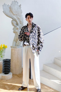 网红碎花时髦小雏菊衬衫男小心机飘带宽松长袖上衣A452--210--P70图片