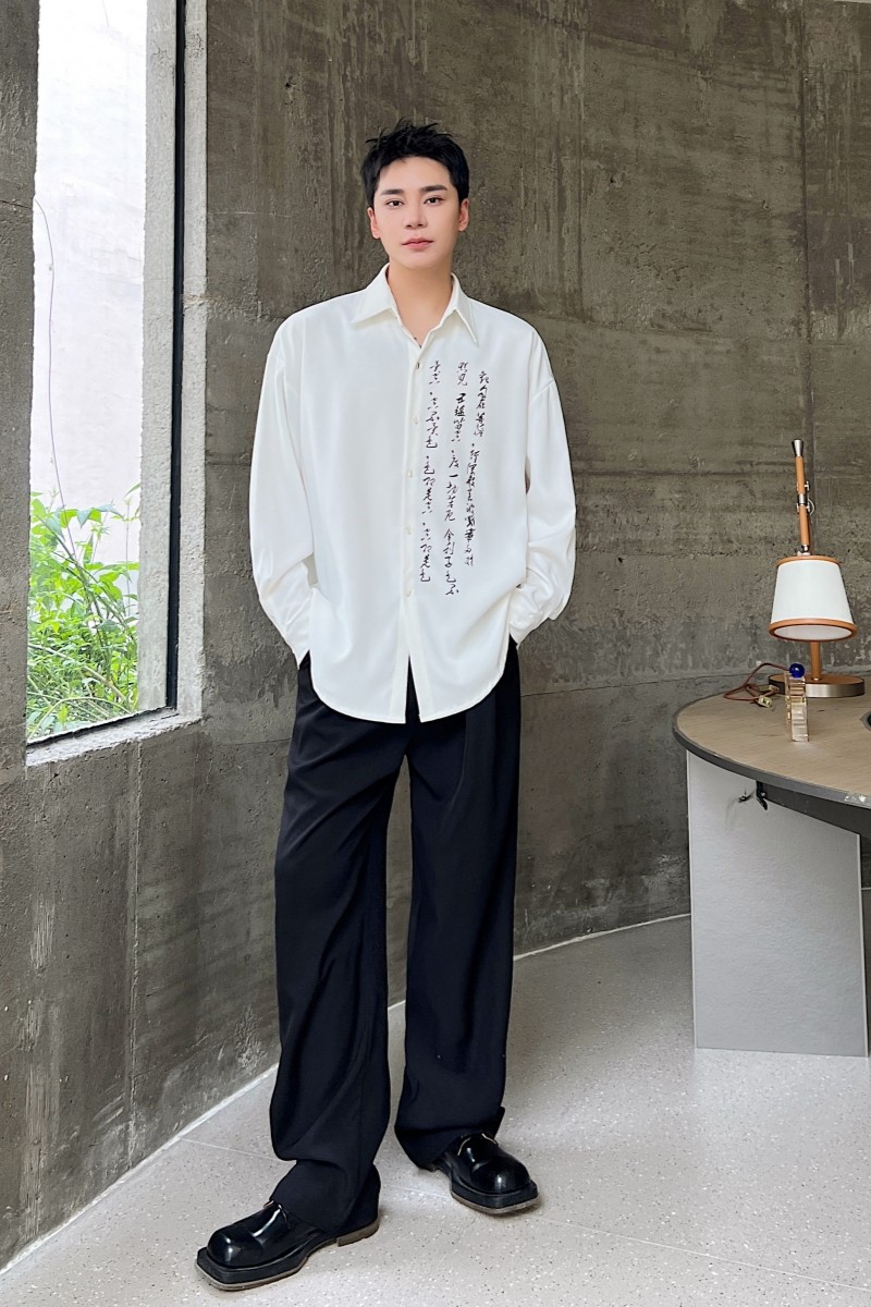 秋季个性书法禅意长袖衬衫休闲百搭潮风宽松上衣A452-6394--P75,男装衬衫,电商A452