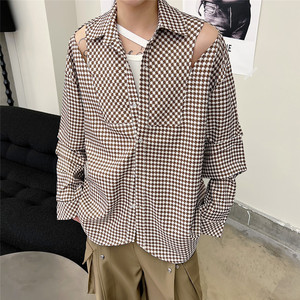 新韩版千鸟格露肩长袖廓形衬衫男小心机个性上衣A452--6238--P85图片