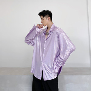 镜面光泽两色长袖衬衫韩版休闲夜店舞台装造型上衣A452--H30--P75，男装衬衫，电商A452