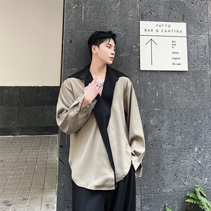 春装新款韩版翻领长袖衬衫个性时尚拼色廓形上衣A452--6314--P95图片