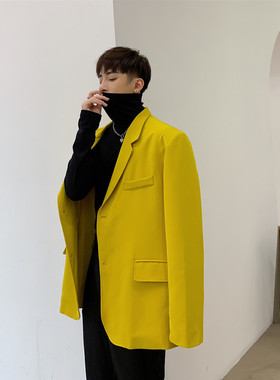 亮色西服外套潮男宽松休闲气质感黄色小西装A452--19116--P135