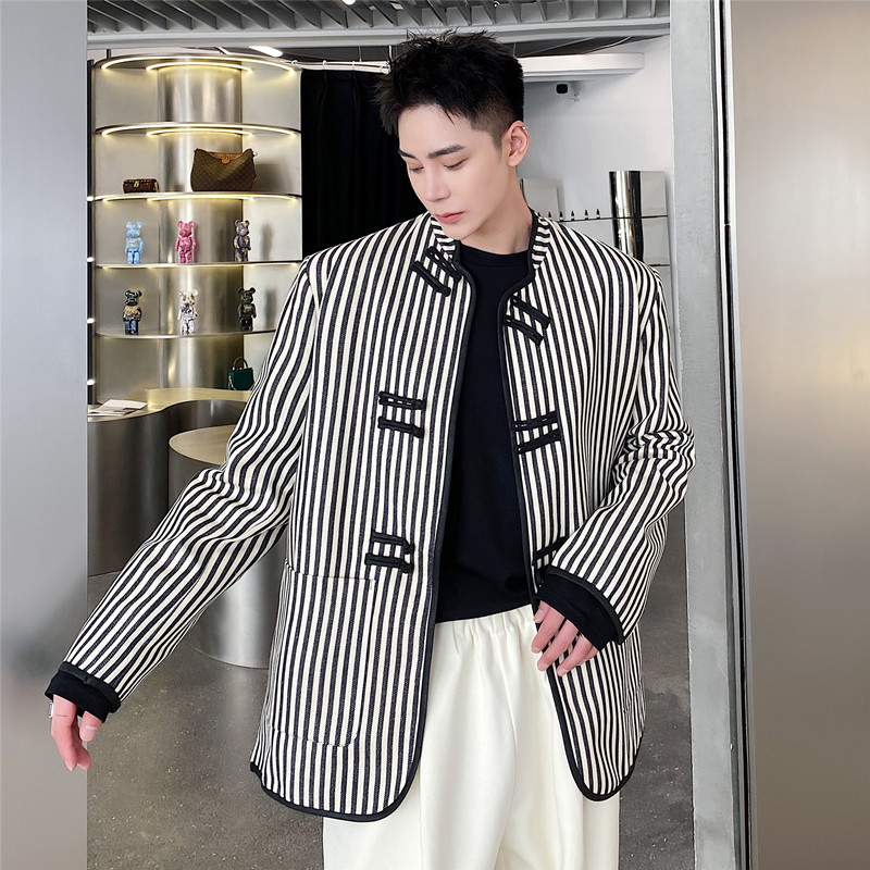 春上新中式盘扣西装外套男个性条纹潮风外套潮A452--6205--P125,男装西服套装,电商A452