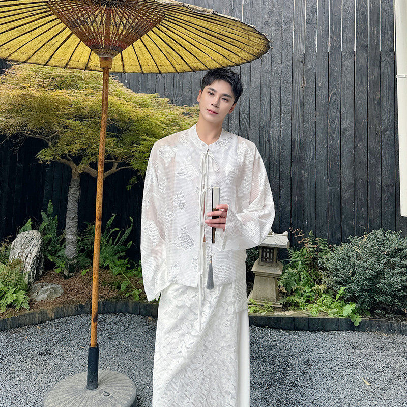 夏季新中式提花系带长袖衬衫复古禅意风上衣潮A452--H171--P105，男装衬衫，电商A452