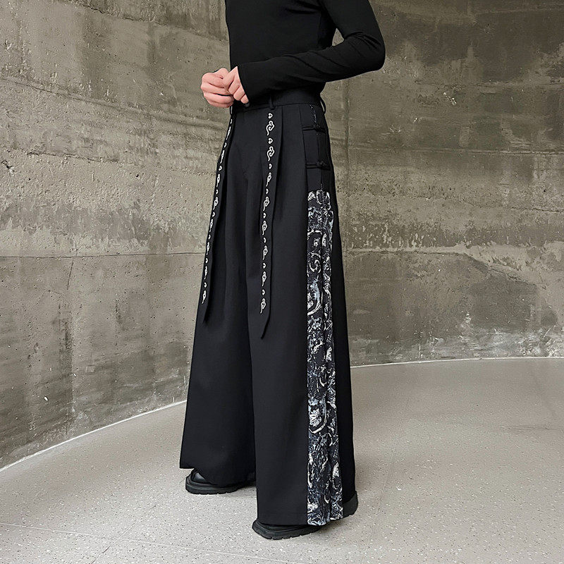 新中式个性拼接阔腿裤男女款风刺绣飘带裙裤A452--6429--P125,男装休闲裤,电商A452