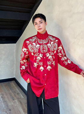 新款重工花卉刺绣立领衬衫复古国风长袖上衣A452--6514--P115