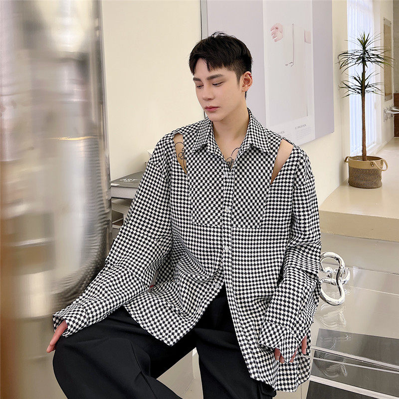 新小众设计露肩款长袖衬衫男韩版百搭千鸟格上衣A452--6238--P85,男装衬衫,电商A452