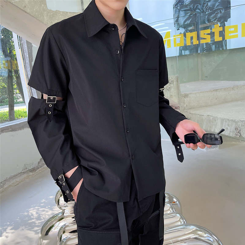 新款机车风金属绑带长袖衬衫男个性暗黑领带上衣A452--6138--P75,男装衬衫,电商A452