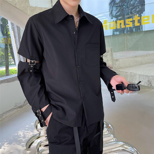 新款机车风金属绑带长袖衬衫男个性暗黑领带上衣A452--6138--P75图片