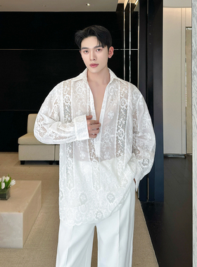 新款法式慵懒镂空刺绣蕾丝花朵V领长袖衬衫A452--6538--P115