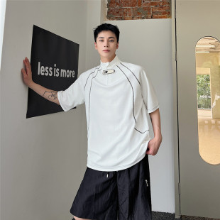 P75 6372 夏新半拉链套头半袖 T恤男机能风明线设计潮流上衣A452