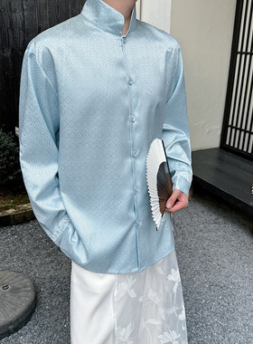 新款中国风暗纹立领长袖衬衫复古气质蓝色休闲上衣A452-H158--P85
