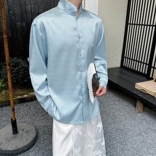 H158 新款 复古气质蓝色休闲上衣A452 衬衫 P85 中国风暗纹立领长袖