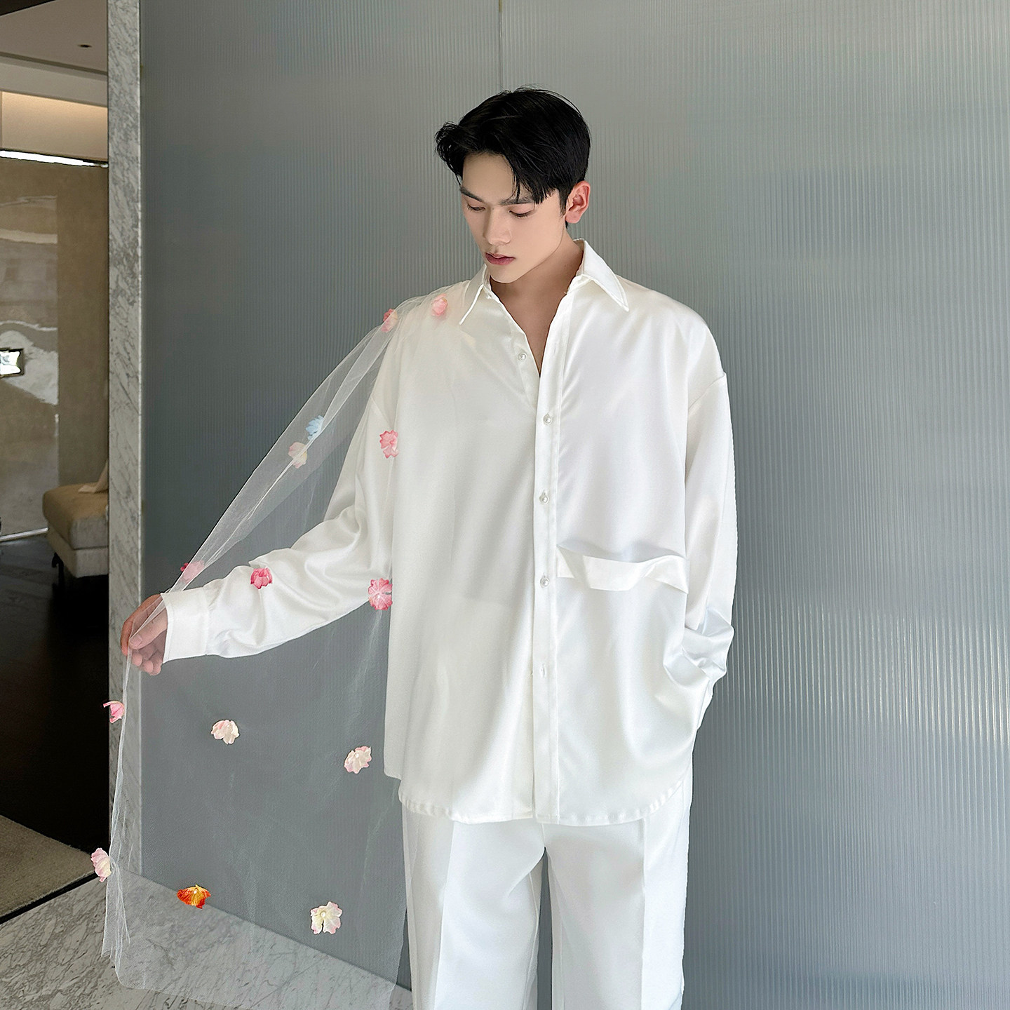 纱装饰长袖衬衫贵气舞台装造型师上衣A452--6539--P125,男装衬衫,电商A452