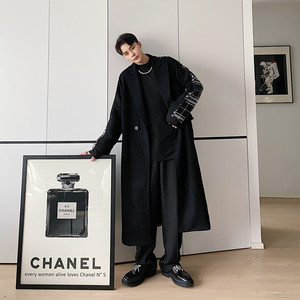 冬韩版时尚拼接格子毛呢大衣休闲百搭中长款外套A452--6109--P175，男装毛呢大衣，电商A452