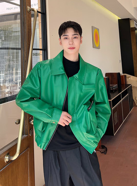 秋冬新款个性绿色PU皮夹克男时髦大口袋皮衣外套A452--6416--P145