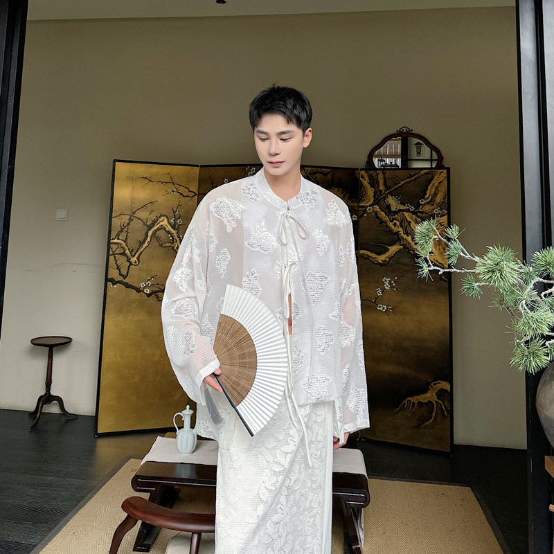 夏季新中式提花系带长袖衬衫复古禅意风上衣潮A452--H171--P105,男装衬衫,电商A452