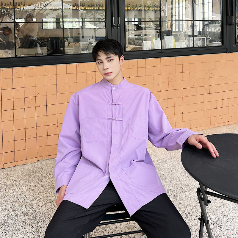 新中式盘扣立领长袖衬衫复古风休闲潮流上衣A452--6290--P75，男装衬衫，电商A452