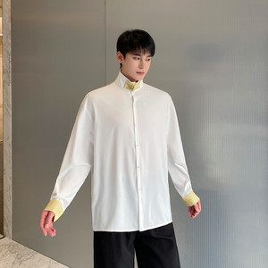 新款立领盘扣休闲长袖衬衫新中式流行百搭拼接上衣A452-6462--P85图片