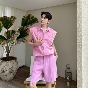 夏款重工钉珠立体花朵背心套装男韩版潮流两件套A452--H201--195图片