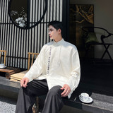 新款立领盘扣暗纹长袖衬衫刺绣书法中式潮上衣A452--6405--P85，男装衬衫，电商A452