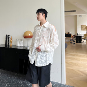 潮流立体花纹禁欲系露肩长袖衬衫男小心机微透衬衣A452-6360--P85图片