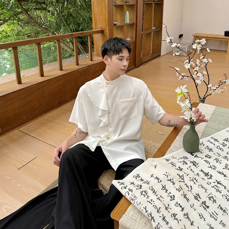 夏季新款立领不对称设计短袖衬衫暗黑风花边款半袖A452--6498-P85图片