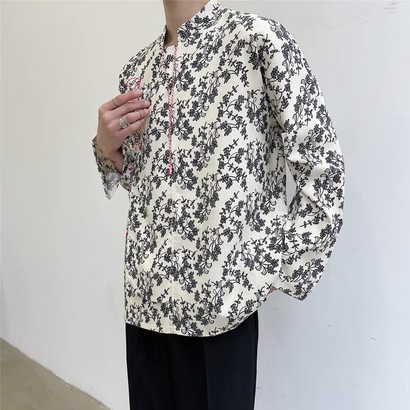 秋装新中式花色立领系带长袖衬衫潮风休闲衬衣A452--6160--P75,男装衬衫,电商A452
