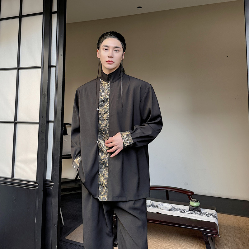 新中式复古风长袖衬衫拼接高级感立领上衣A452--6456--P105,男装衬衫,电商A452