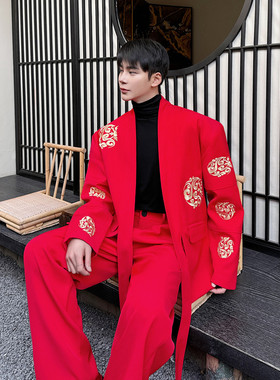 早春新高定新中式重工刺绣卷云纹红色西服套装潮A452--6450--P220