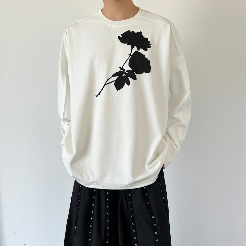 新款休闲长袖印花复古玫瑰廓形T恤上衣潮A452--6381--P75,男装T恤,电商A452