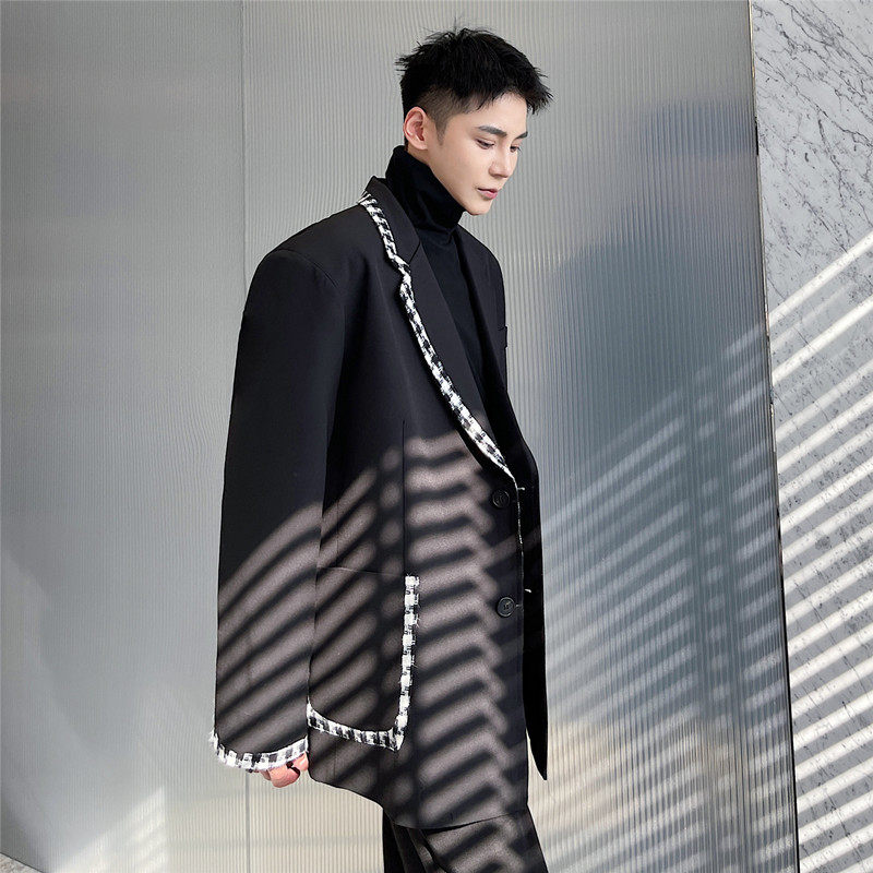 新款韩版休闲西装男个性拼接宽松便服西服外套A452--6191--P130,男装西服套装,电商A452