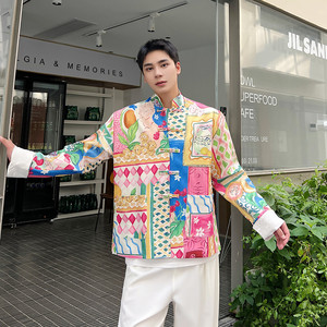 早春新中式立领盘扣西服外套潮花色休闲夹克上衣A452-6413-P135图片