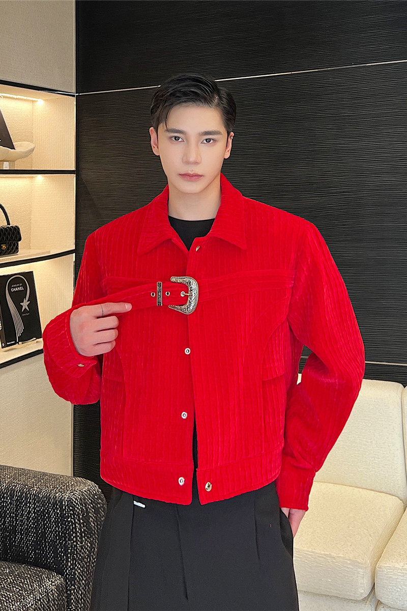 红丝绒扣带时髦夹克复古风休闲短款西服外套A452--6309--P155,男装夹克,电商A452