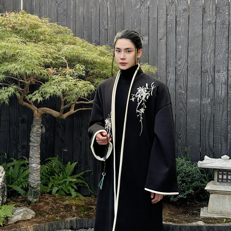 新中式刺绣宽松袍子男女款潮风中长款毛呢大衣A452--6441--P195,男装毛呢大衣,电商A452
