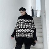 新款几何花纹高领套头斗篷流苏毛衣男个性走秀款A452--MY23--P80，男装针织衫/毛衣，电商A452