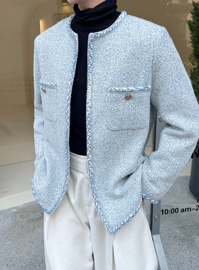 冬新款蓝色粗花呢小香风外套重磅无扣开身西服上衣A452-6421-P185